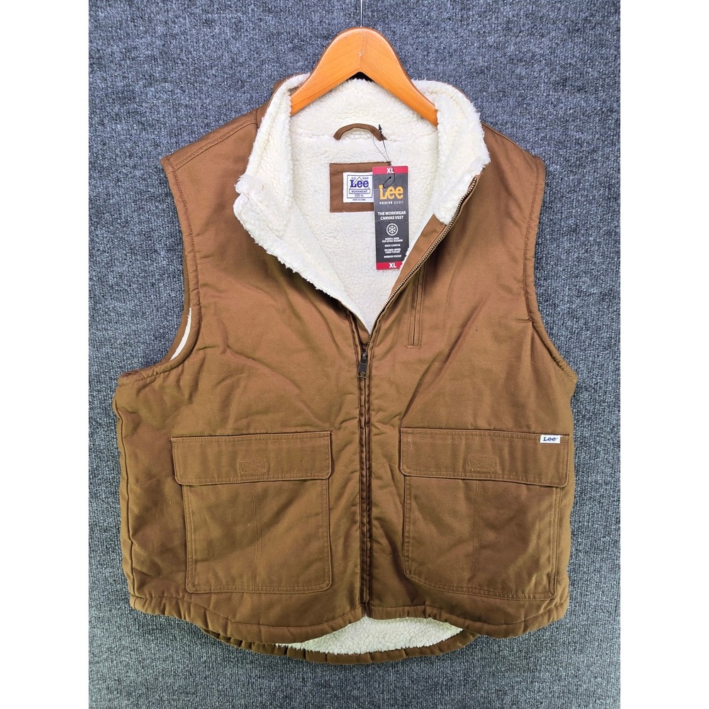 Lee Premium Select Workwear Canvas Vest Sherpa Lined Tobacco Brown XL LM33VT687